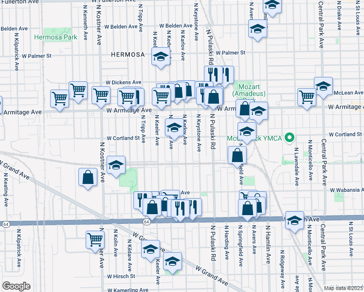 map of restaurants, bars, coffee shops, grocery stores, and more near 1828 North Karlov Avenue in Chicago