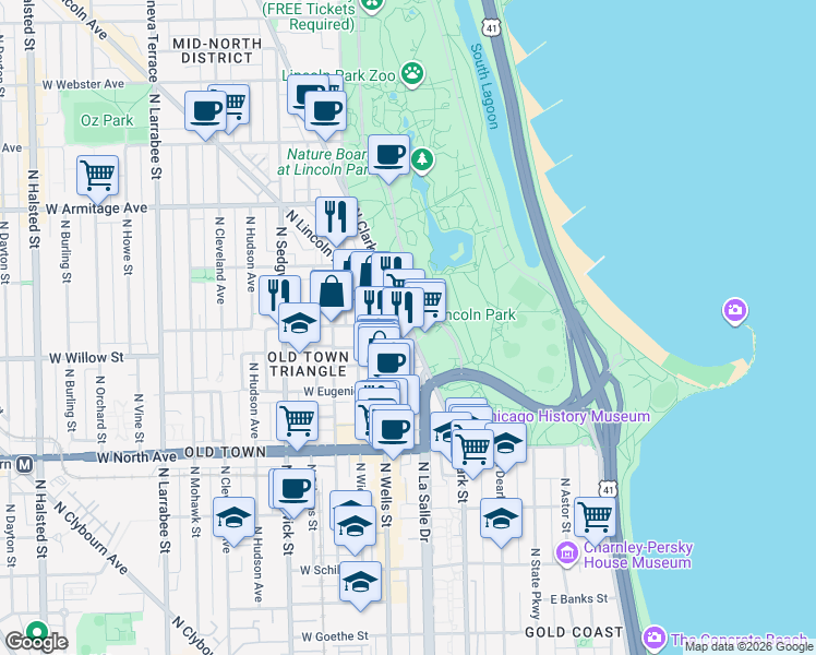 map of restaurants, bars, coffee shops, grocery stores, and more near 1790 North Clark Street in Chicago
