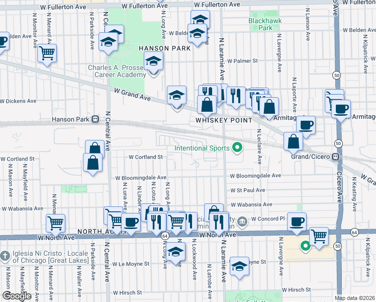 map of restaurants, bars, coffee shops, grocery stores, and more near 5311 West Galewood Avenue in Chicago