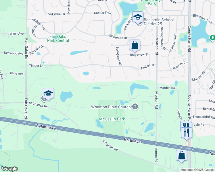map of restaurants, bars, coffee shops, grocery stores, and more near 27W709 Holly Court in West Chicago