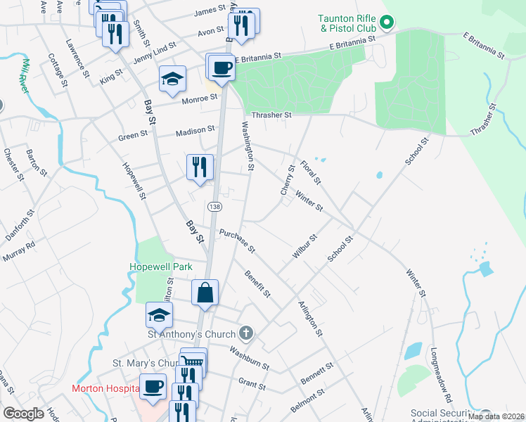 map of restaurants, bars, coffee shops, grocery stores, and more near 17 Cherry Street in Taunton