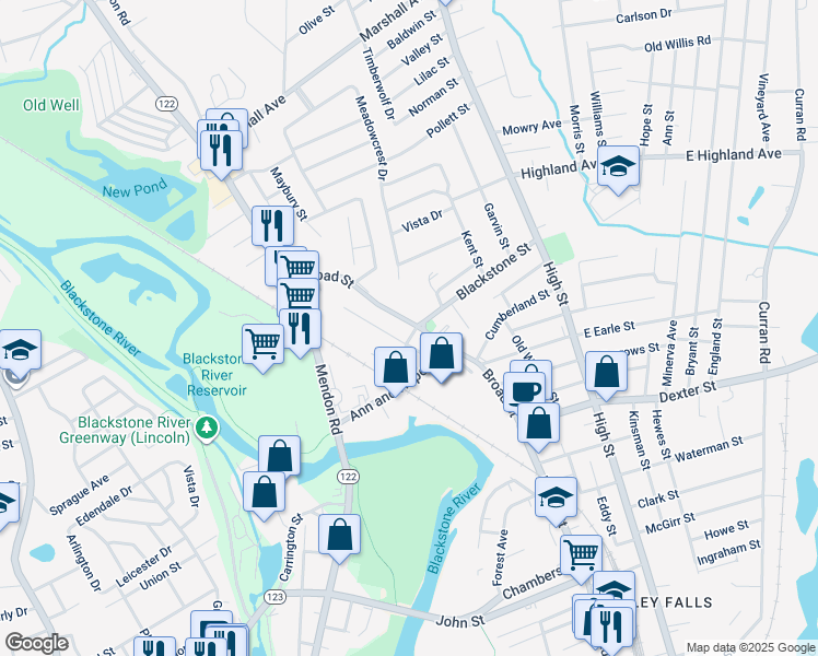 map of restaurants, bars, coffee shops, grocery stores, and more near 8 Factory Street in Cumberland