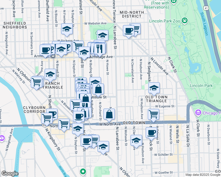 map of restaurants, bars, coffee shops, grocery stores, and more near 1820 North Howe Street in Chicago
