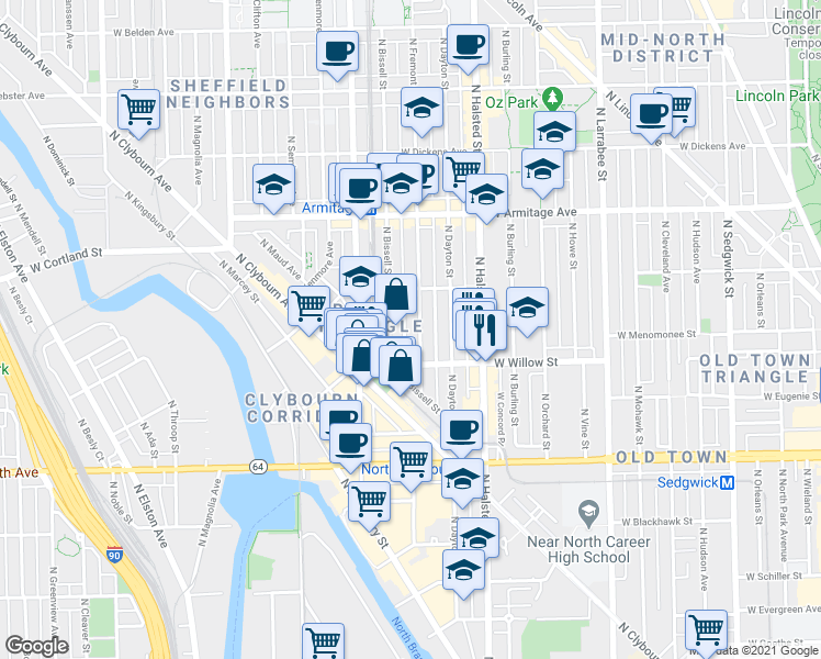 map of restaurants, bars, coffee shops, grocery stores, and more near 1822 North Fremont Street in Chicago