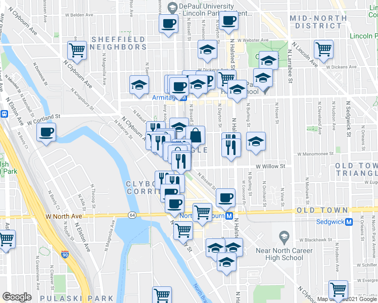 map of restaurants, bars, coffee shops, grocery stores, and more near in Chicago