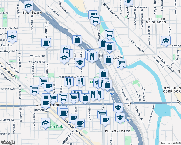 map of restaurants, bars, coffee shops, grocery stores, and more near 1806 North Paulina Street in Chicago