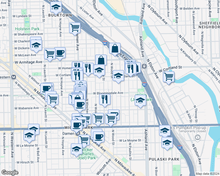 map of restaurants, bars, coffee shops, grocery stores, and more near 1807 North Honore Street in Chicago