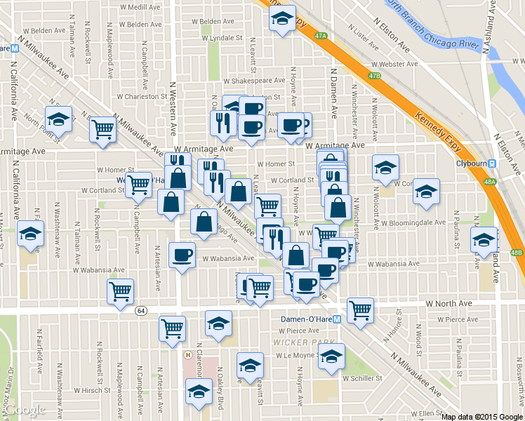 map of restaurants, bars, coffee shops, grocery stores, and more near 1800 North Wilmot Avenue in Chicago