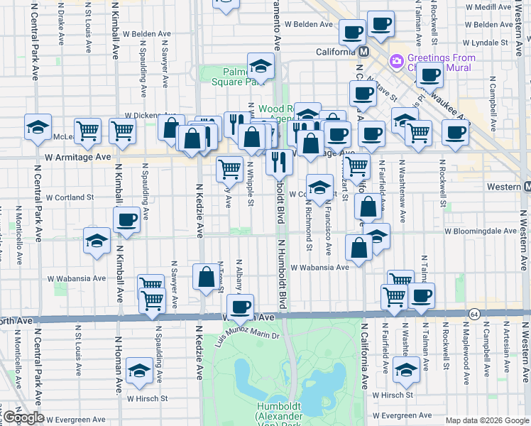 map of restaurants, bars, coffee shops, grocery stores, and more near 1821 North Whipple Street in Chicago