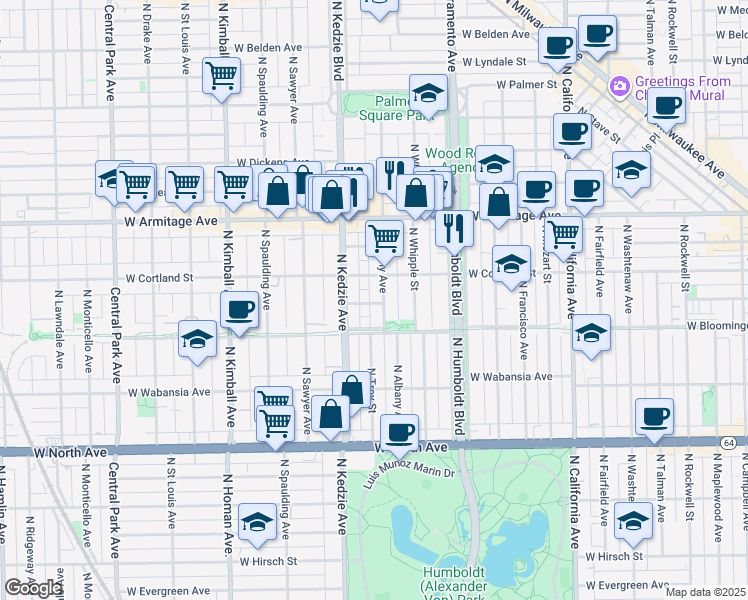 map of restaurants, bars, coffee shops, grocery stores, and more near 1827 North Albany Avenue in Chicago