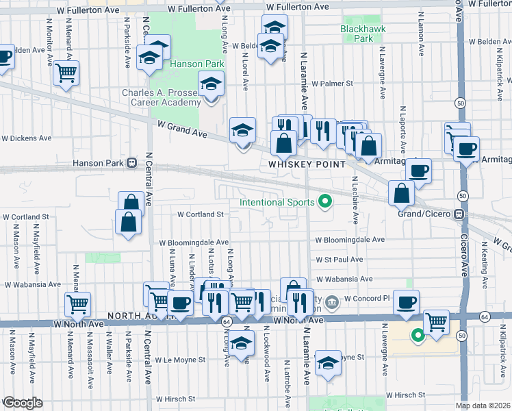 map of restaurants, bars, coffee shops, grocery stores, and more near 5311 West Galewood Avenue in Chicago