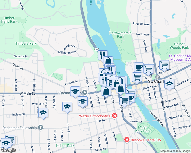 map of restaurants, bars, coffee shops, grocery stores, and more near 121 North 4th Street in St. Charles