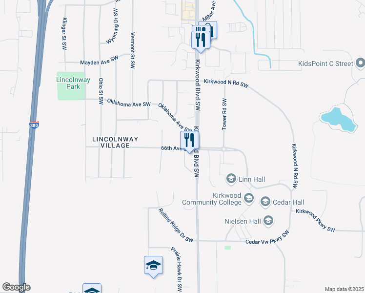 map of restaurants, bars, coffee shops, grocery stores, and more near 6635 Kirkwood Boulevard Southwest in Cedar Rapids