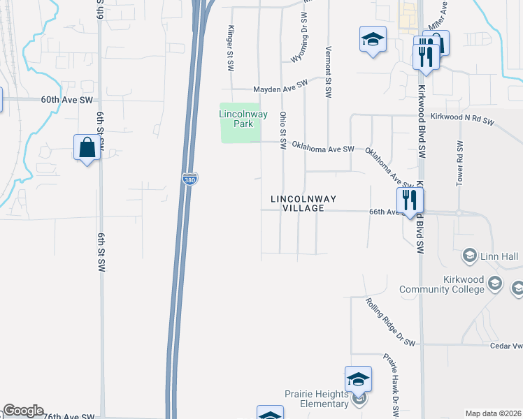 map of restaurants, bars, coffee shops, grocery stores, and more near 5741 J Street Southwest in Cedar Rapids