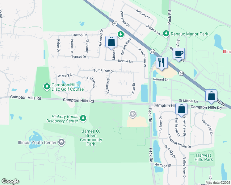 map of restaurants, bars, coffee shops, grocery stores, and more near 38W292 Bernice Drive in St. Charles