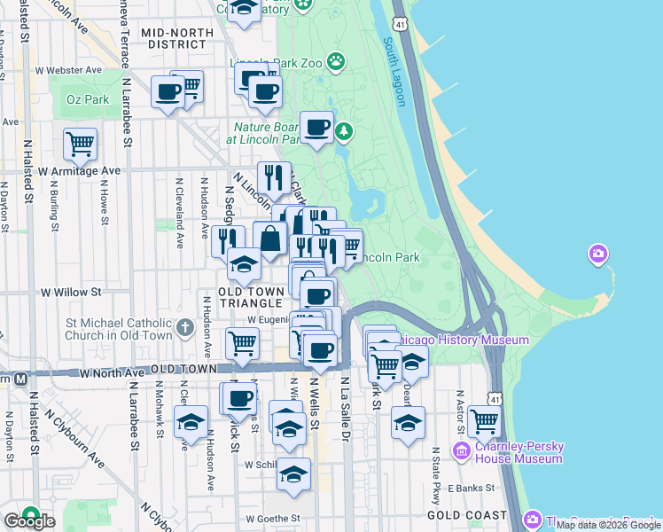 map of restaurants, bars, coffee shops, grocery stores, and more near N Clark St & W Menomonee St in Chicago