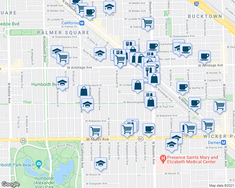map of restaurants, bars, coffee shops, grocery stores, and more near West Moffat Street in Chicago