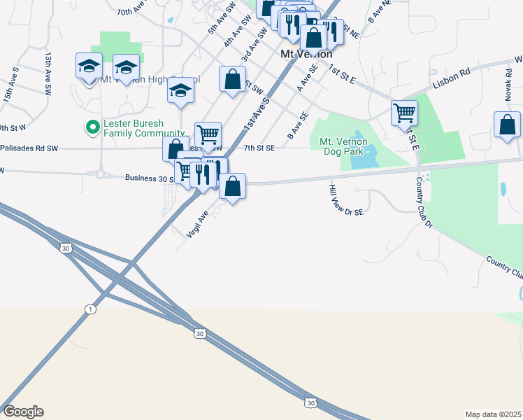 map of restaurants, bars, coffee shops, grocery stores, and more near 208 Glenn Street in Mount Vernon