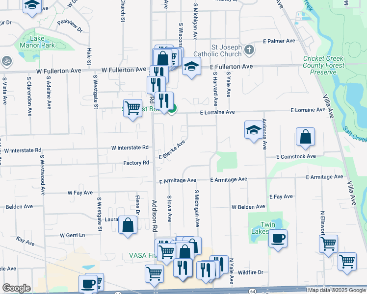 map of restaurants, bars, coffee shops, grocery stores, and more near 109 East Blecke Avenue in Addison