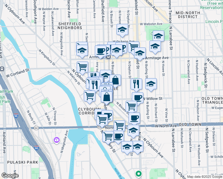map of restaurants, bars, coffee shops, grocery stores, and more near 1834 North Bissell Street in Chicago