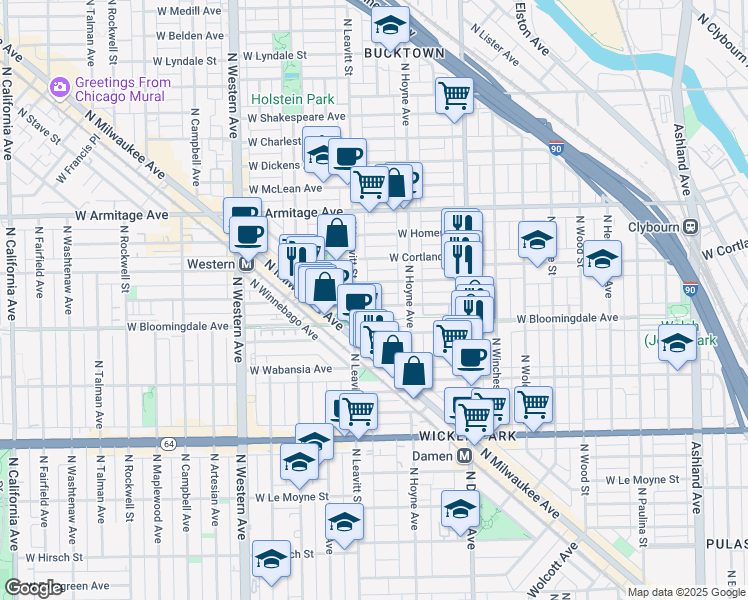 map of restaurants, bars, coffee shops, grocery stores, and more near 2138 West Churchill Street in Chicago
