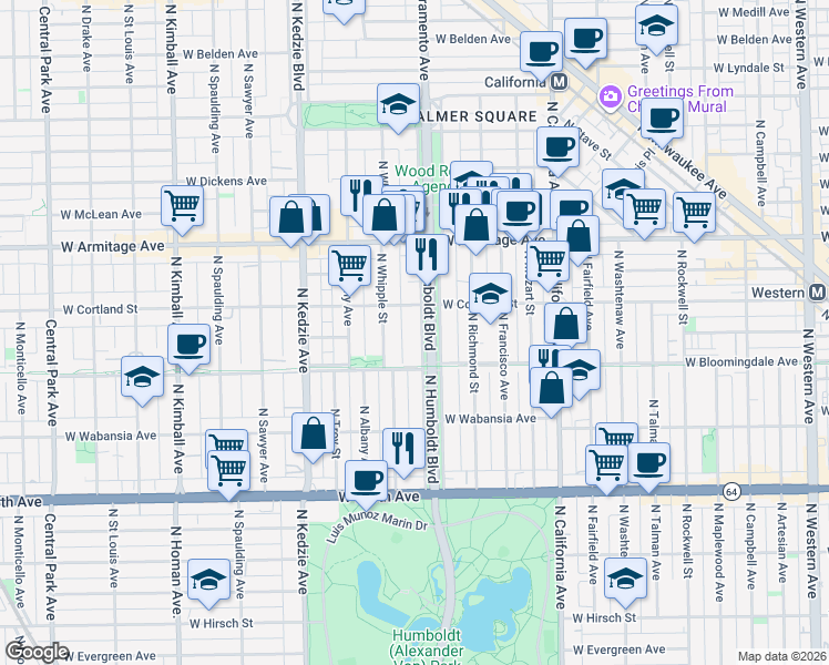 map of restaurants, bars, coffee shops, grocery stores, and more near 1832 North Humboldt Boulevard in Chicago