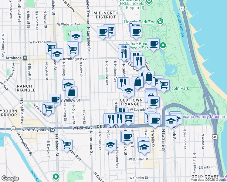 map of restaurants, bars, coffee shops, grocery stores, and more near 1802 North Hudson Avenue in Chicago