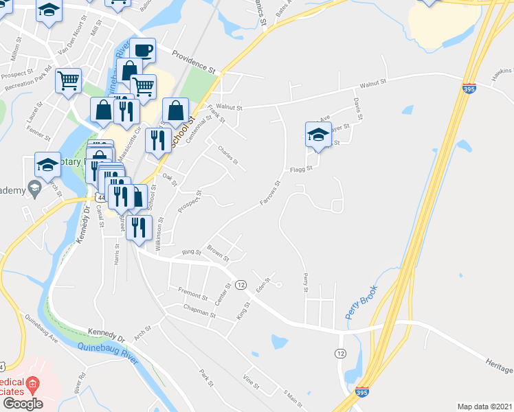 map of restaurants, bars, coffee shops, grocery stores, and more near 136 Farrows Street in Putnam