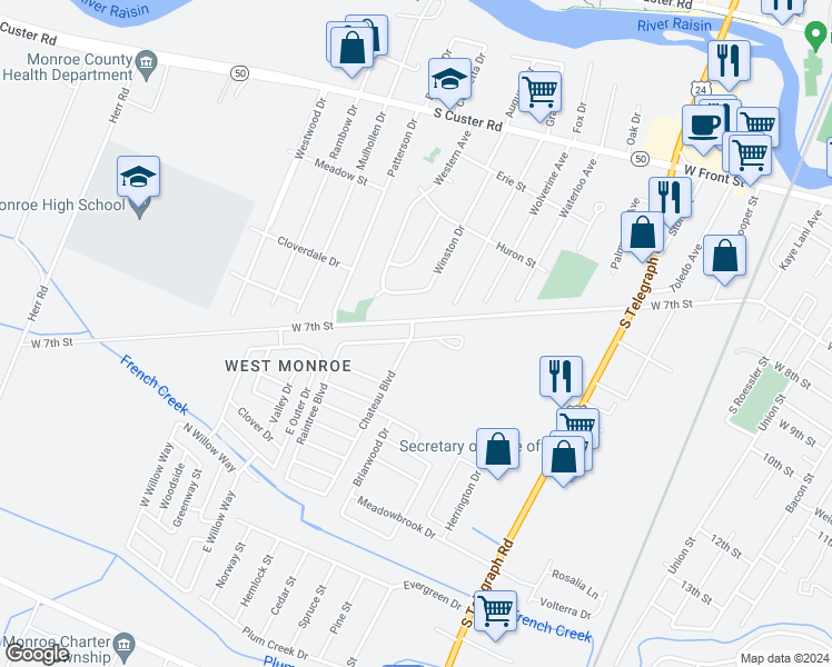 map of restaurants, bars, coffee shops, grocery stores, and more near 1721 Magnolia Boulevard in Monroe