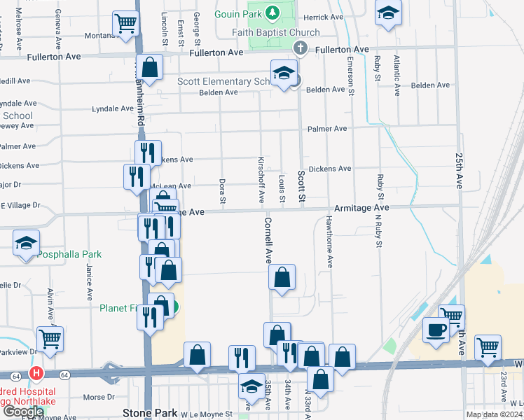 map of restaurants, bars, coffee shops, grocery stores, and more near Armitage Avenue in Cook County