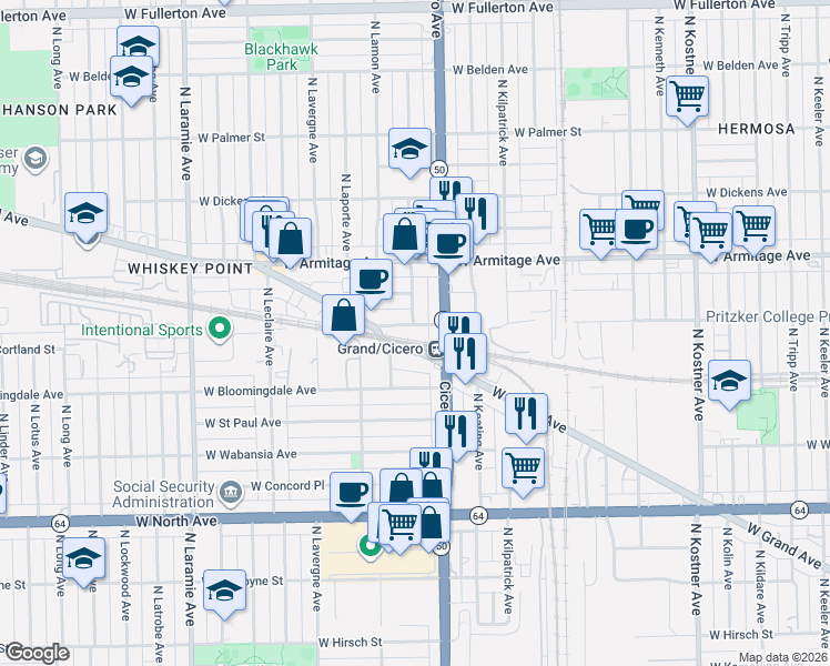 map of restaurants, bars, coffee shops, grocery stores, and more near 4819 West Cortland Street in Chicago