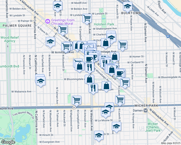 map of restaurants, bars, coffee shops, grocery stores, and more near 2402 West Moffat Street in Chicago