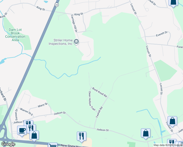 map of restaurants, bars, coffee shops, grocery stores, and more near 185 Buck Knoll Road in Raynham