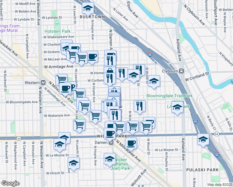 map of restaurants, bars, coffee shops, grocery stores, and more near 1830 North Winchester Avenue in Chicago