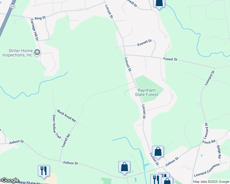 map of restaurants, bars, coffee shops, grocery stores, and more near 869 Locust Street in Raynham