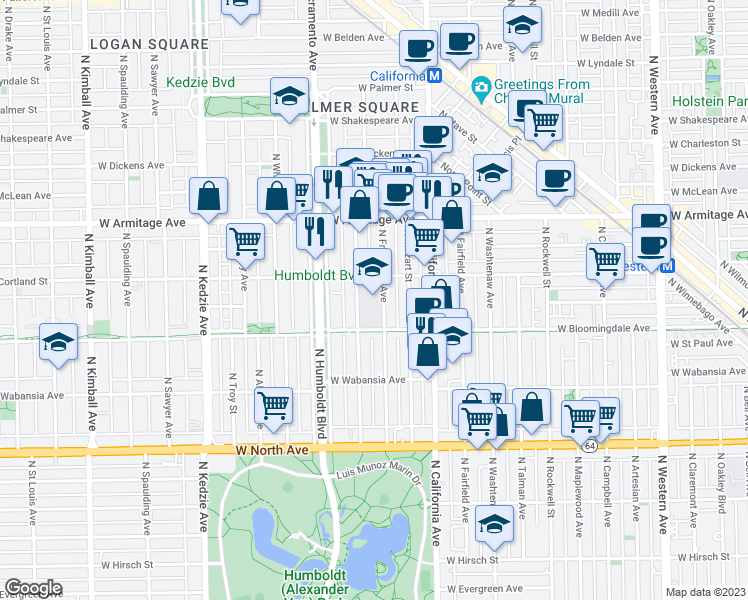 map of restaurants, bars, coffee shops, grocery stores, and more near 1839 North Richmond Street in Chicago
