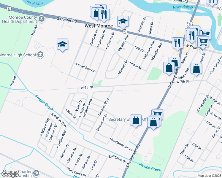 map of restaurants, bars, coffee shops, grocery stores, and more near 1027 Chateau Boulevard in Monroe