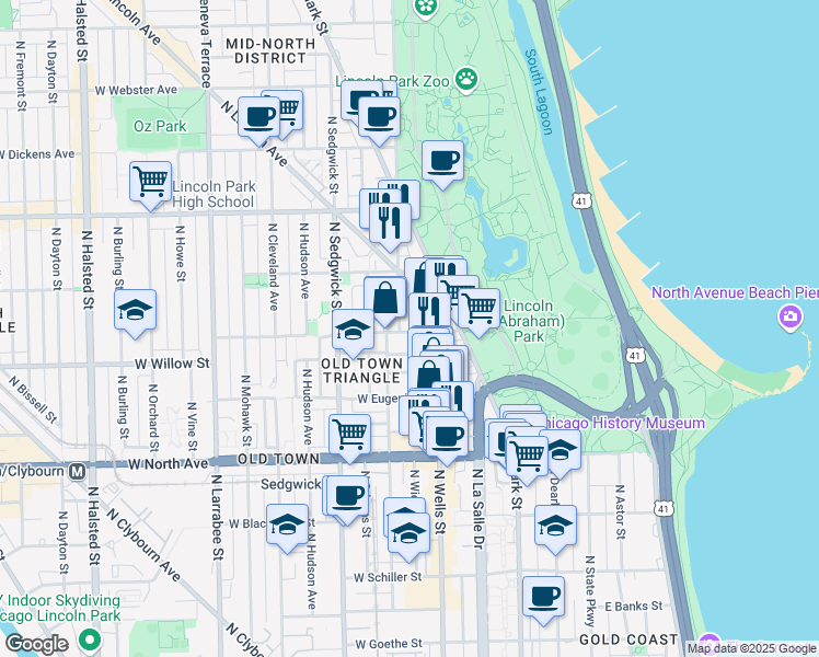 map of restaurants, bars, coffee shops, grocery stores, and more near 229 West Menomonee Street in Chicago