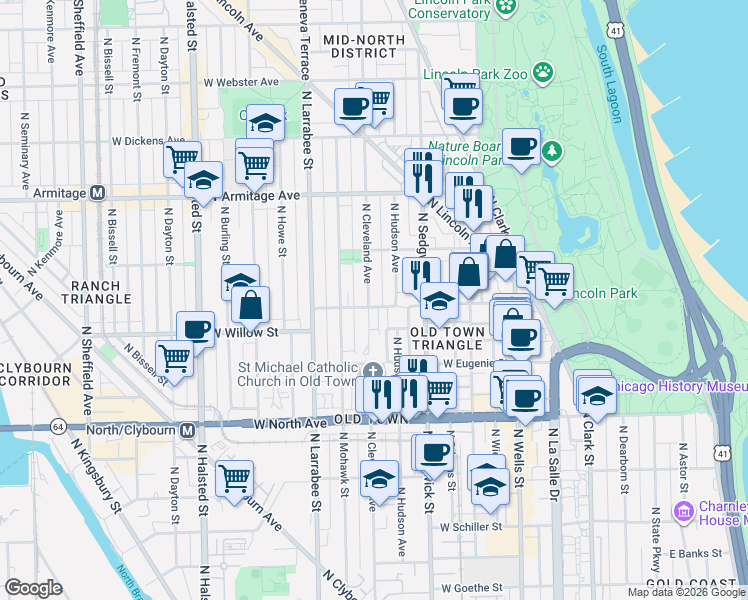 map of restaurants, bars, coffee shops, grocery stores, and more near 447 West Menomonee Street in Chicago