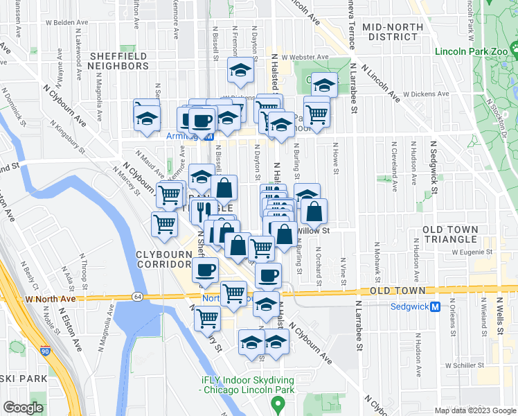 map of restaurants, bars, coffee shops, grocery stores, and more near 1821 North Dayton Street in Chicago