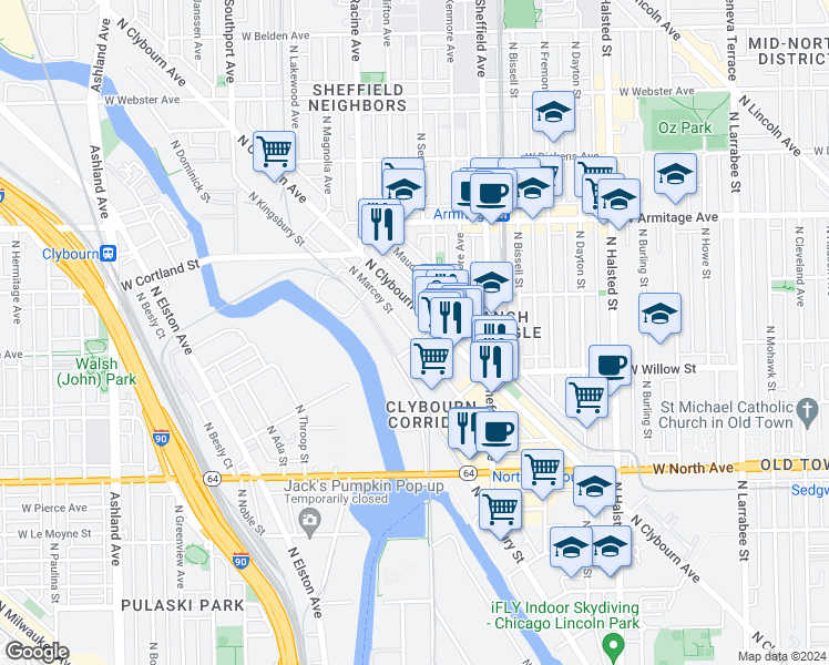 map of restaurants, bars, coffee shops, grocery stores, and more near 1840 North Clybourn Avenue in Chicago