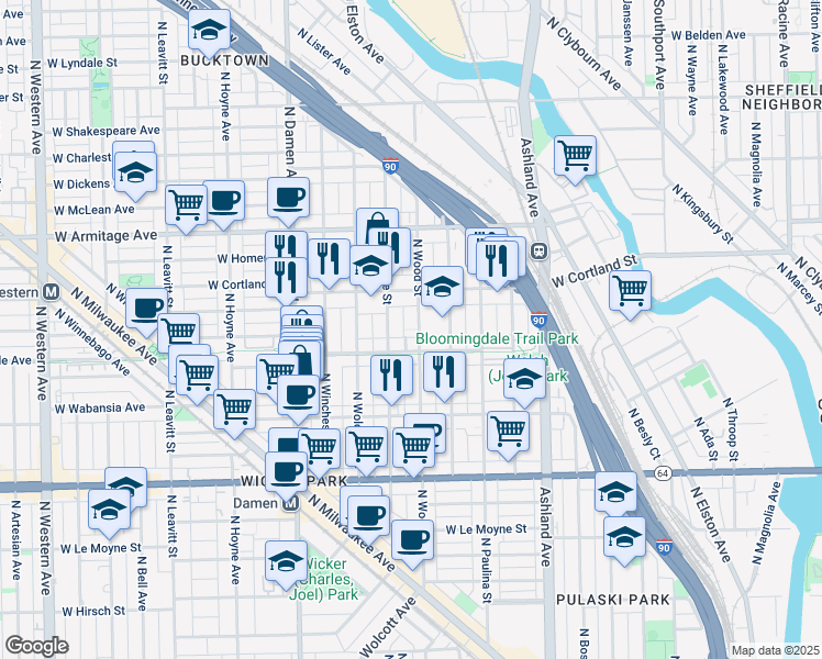 map of restaurants, bars, coffee shops, grocery stores, and more near 1807 North Honore Street in Chicago