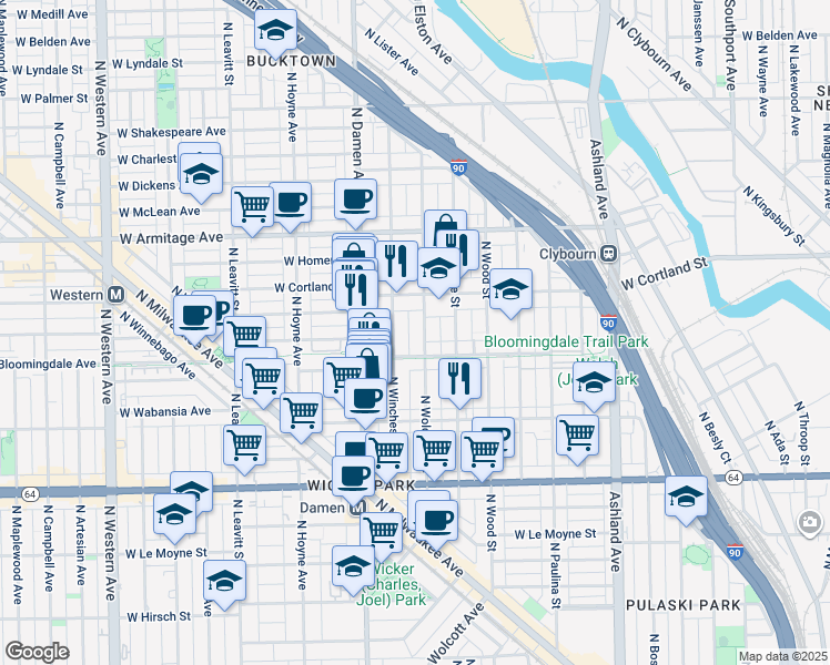 map of restaurants, bars, coffee shops, grocery stores, and more near 1809 North Wolcott Avenue in Chicago