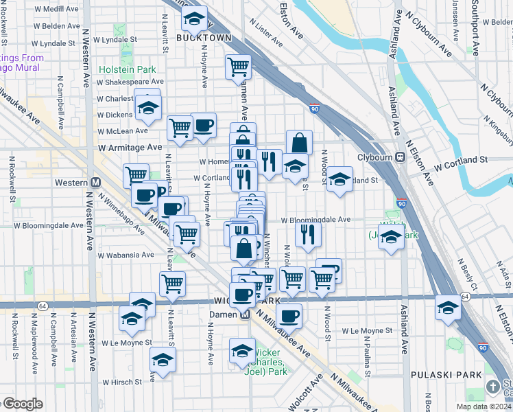 map of restaurants, bars, coffee shops, grocery stores, and more near 2007 West Churchill Street in Chicago