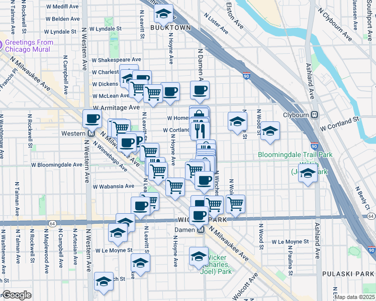 map of restaurants, bars, coffee shops, grocery stores, and more near 2047 West Churchill Street in Chicago
