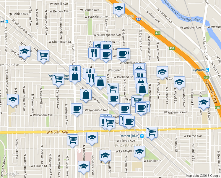 map of restaurants, bars, coffee shops, grocery stores, and more near 1800 North Wilmot Avenue in Chicago