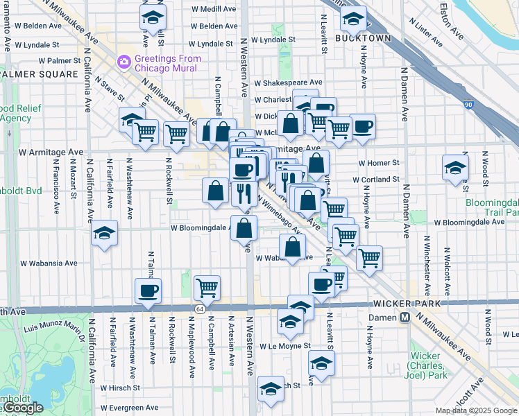 map of restaurants, bars, coffee shops, grocery stores, and more near 2357 West Moffat Street in Chicago