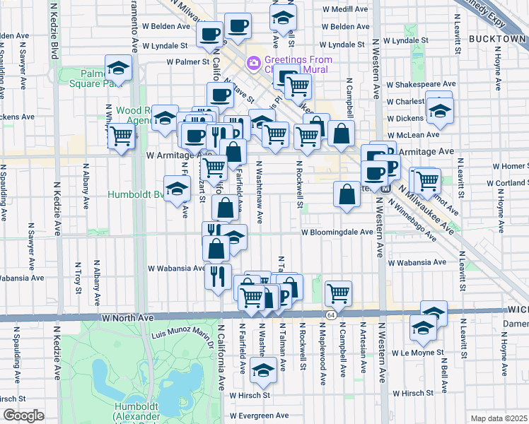 map of restaurants, bars, coffee shops, grocery stores, and more near 1819 North Washtenaw Avenue in Chicago