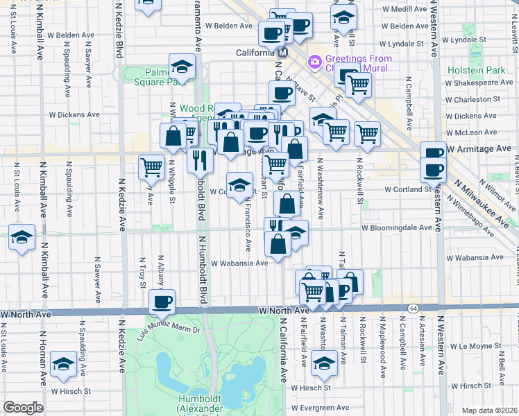 map of restaurants, bars, coffee shops, grocery stores, and more near 1819 North Francisco Avenue in Chicago