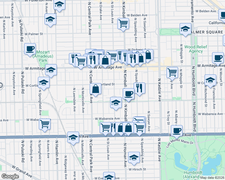 map of restaurants, bars, coffee shops, grocery stores, and more near 1822 North Saint Louis Avenue in Chicago